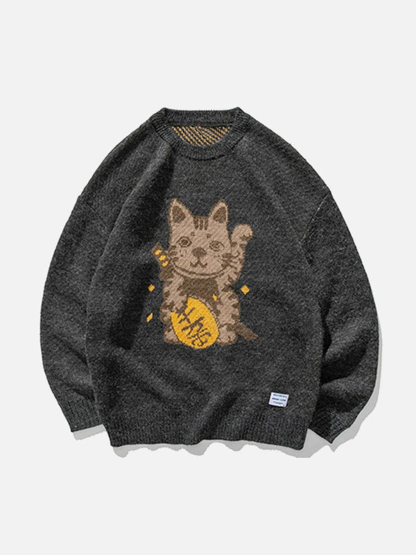 Lacezy - Lucky Cat Knit Sweater- Streetwear Fashion - lacezy.com