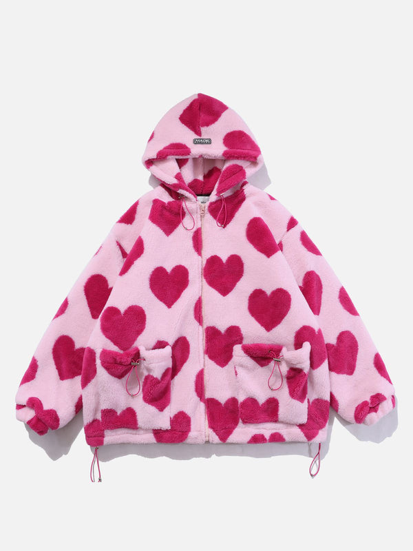 Lacezy - Vintage Heart Pattern Oversize Sherpa Coat- Streetwear Fashion - lacezy.com