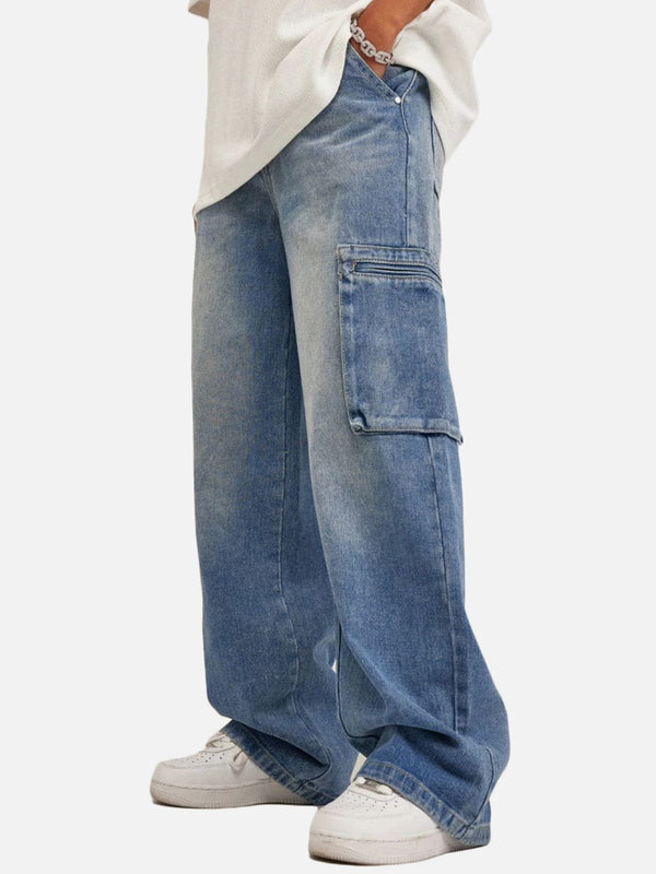 Lacezy - Washed Large Pocket Jeans- Streetwear Fashion - lacezy.com
