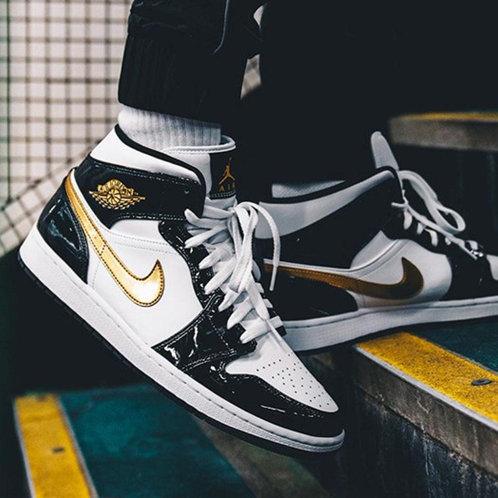 Air Jordan 1 Mid Patent 'Black Gold'- Streetwear Fashion - lacezy.com