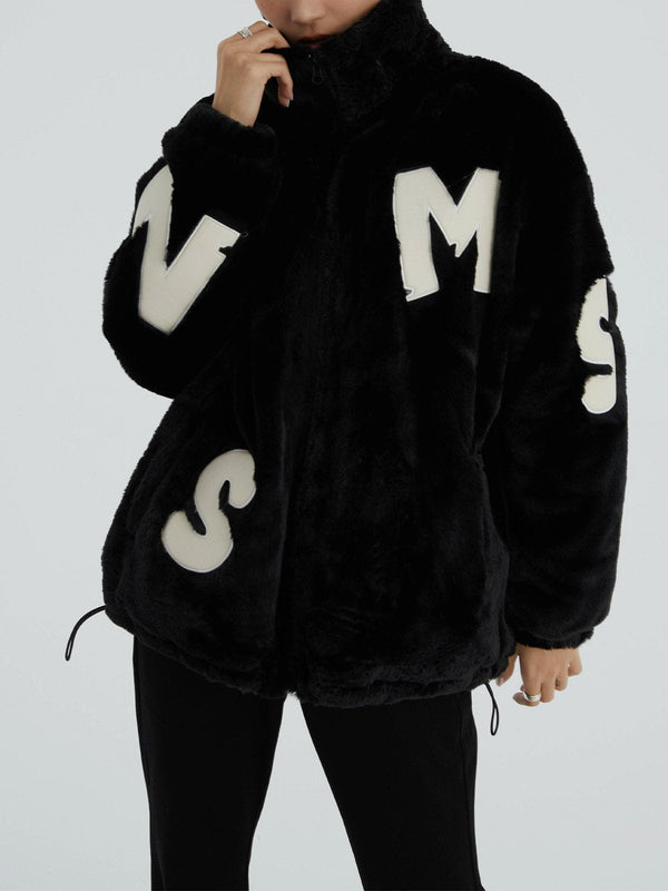 Lacezy - Alphabet PU Applique Plush Winter Coat- Streetwear Fashion - lacezy.com