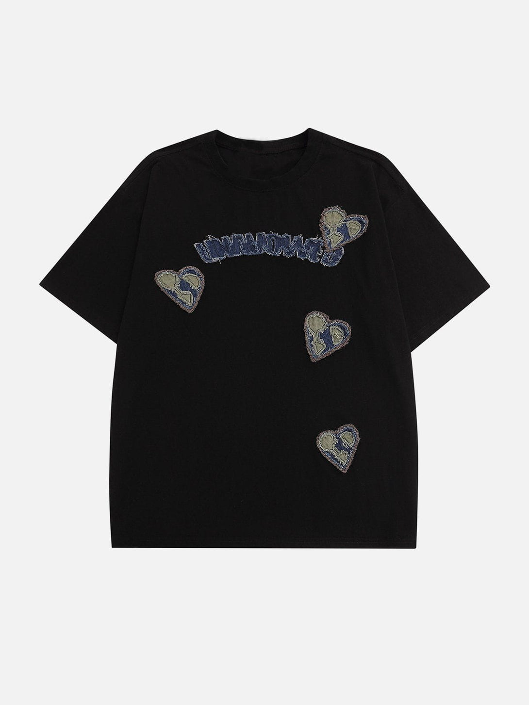 Lacezy - Applique Embroidery Denim Heart Elements Tee- Streetwear Fashion - lacezy.com