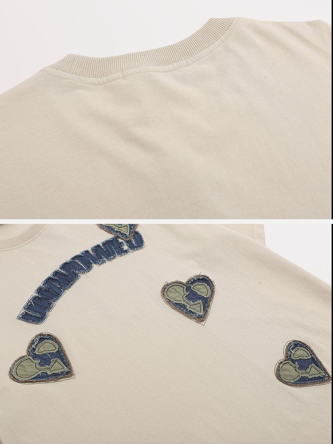 Lacezy - Applique Embroidery Denim Heart Elements Tee- Streetwear Fashion - lacezy.com