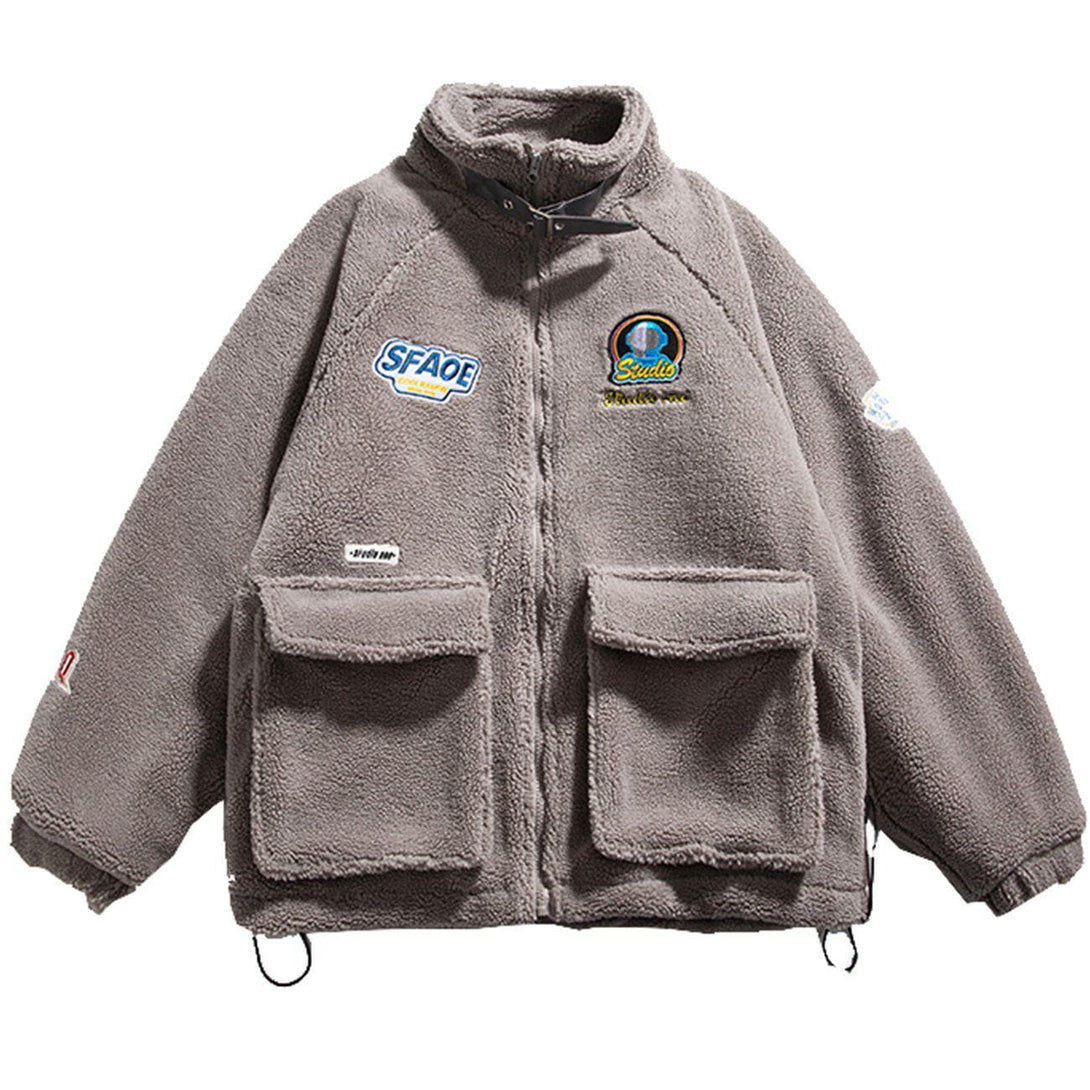 Lacezy - Astronaut Letter Embroidery Sherpa Winter Coat- Streetwear Fashion - lacezy.com