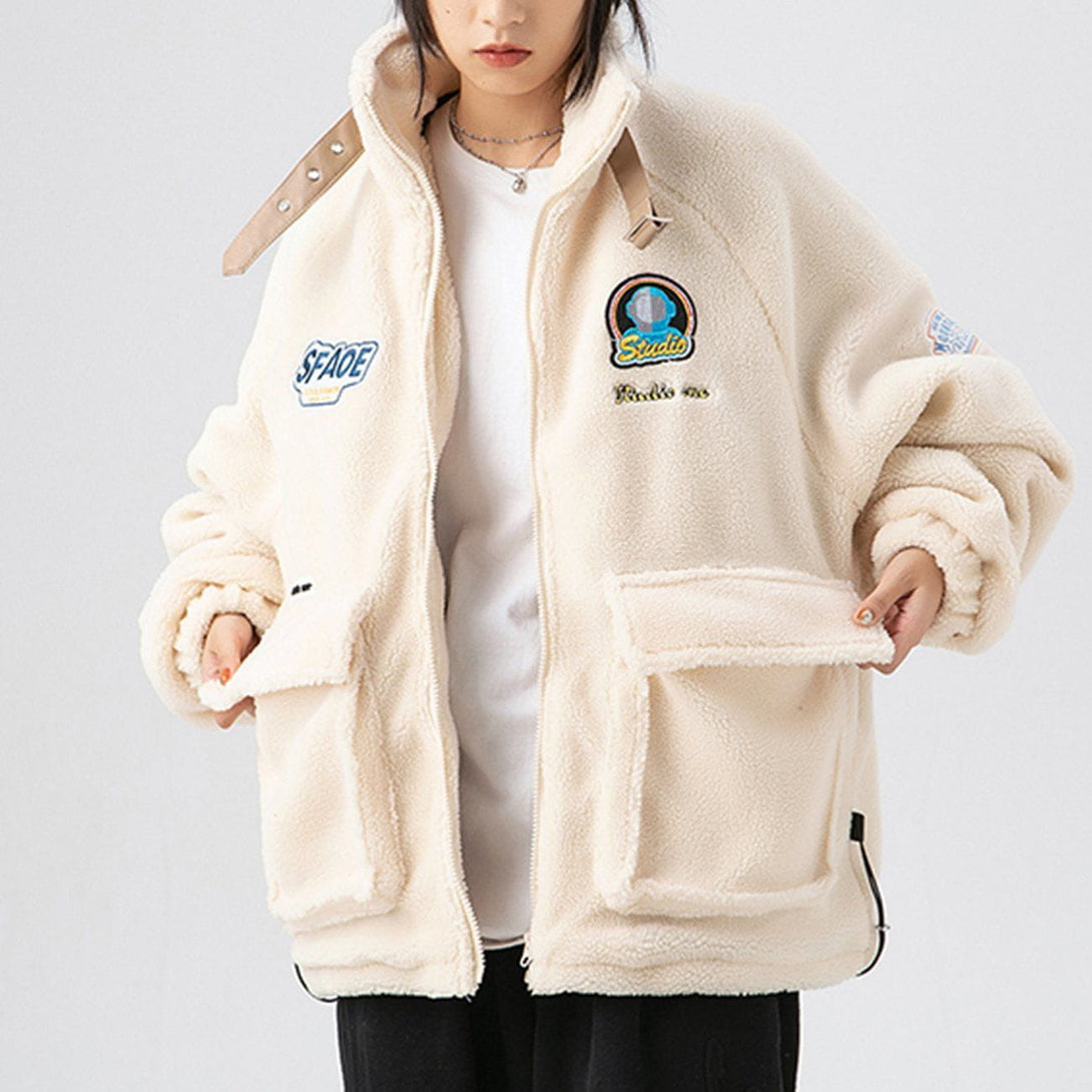 Lacezy - Astronaut Letter Embroidery Sherpa Winter Coat- Streetwear Fashion - lacezy.com