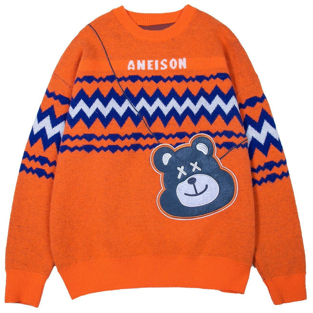 Lacezy - Bear Bag Pattern Stitching Knit Sweater- Streetwear Fashion - lacezy.com