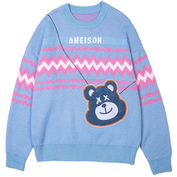 Lacezy - Bear Bag Pattern Stitching Knit Sweater- Streetwear Fashion - lacezy.com