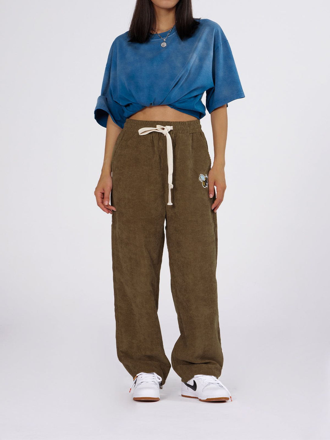 Lacezy - Bee Embroidered Corduroy Pants- Streetwear Fashion - lacezy.com