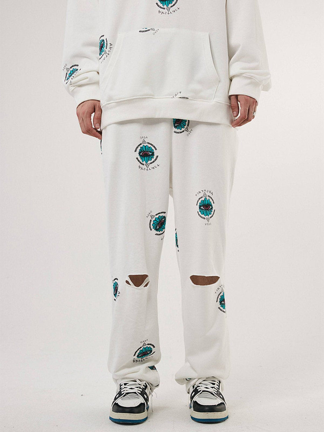 Lacezy - Blue Eye Print Drawstring Shredded Pants- Streetwear Fashion - lacezy.com