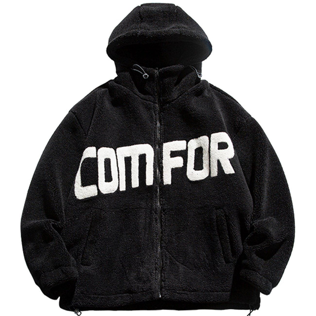 Lacezy - "COMFOR" Print Sherpa Winter Coat- Streetwear Fashion - lacezy.com