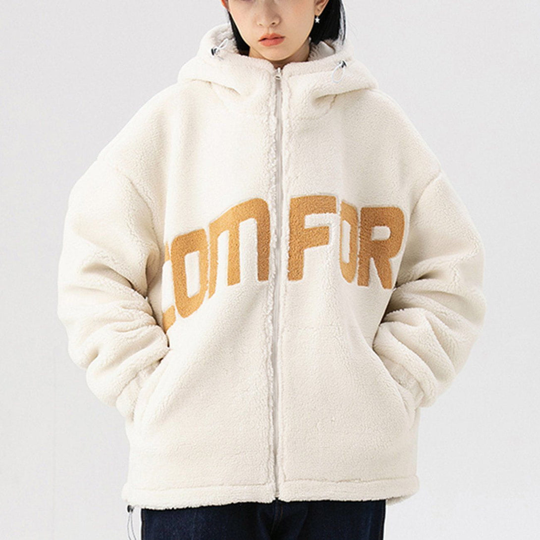 Lacezy - "COMFOR" Print Sherpa Winter Coat- Streetwear Fashion - lacezy.com