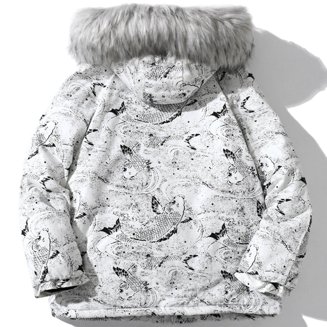 Lacezy - Carp Pattern Fur Collar Hooded Winter Coat- Streetwear Fashion - lacezy.com