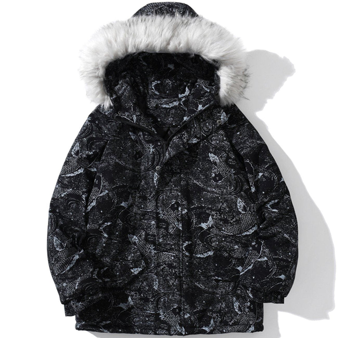 Lacezy - Carp Pattern Fur Collar Hooded Winter Coat- Streetwear Fashion - lacezy.com