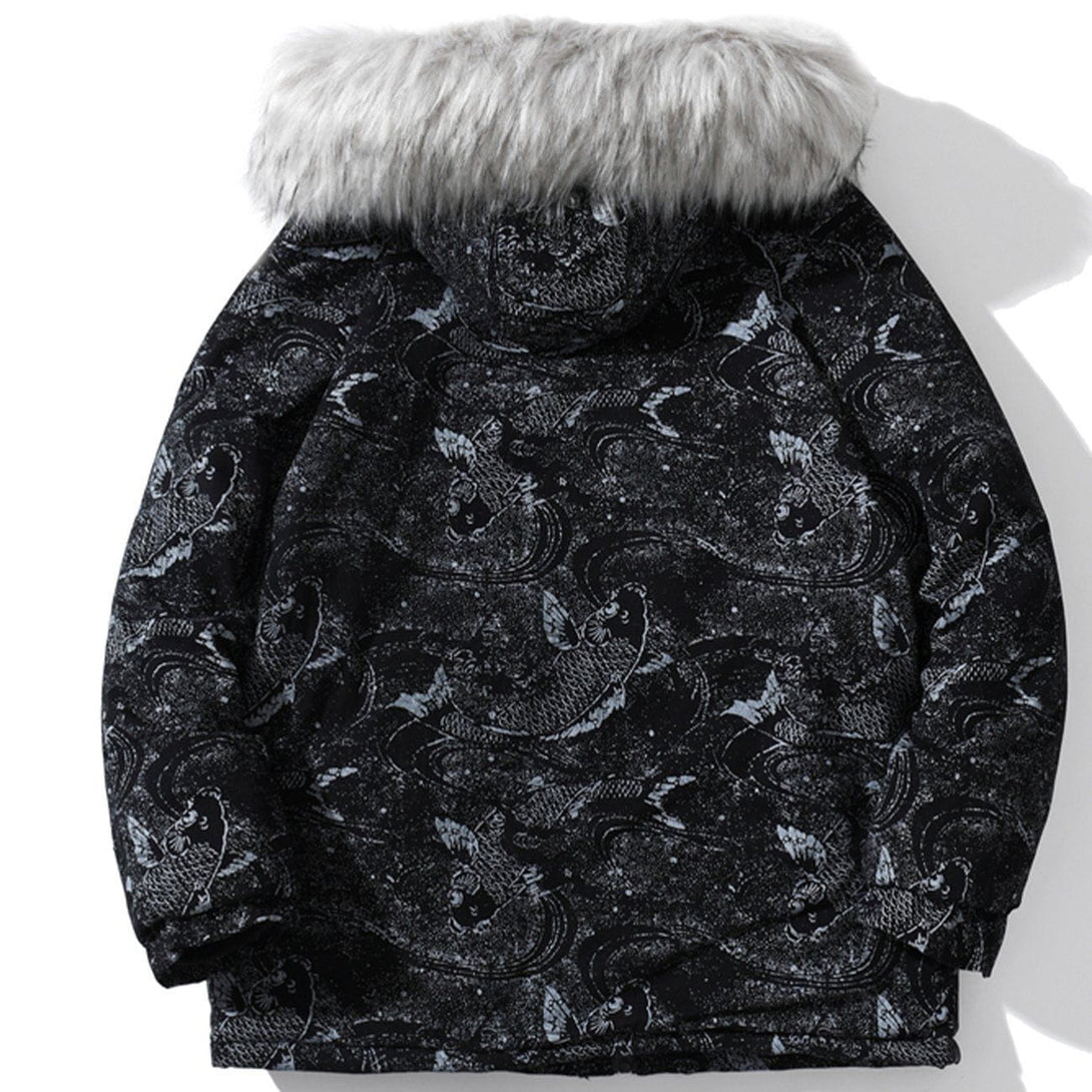 Lacezy - Carp Pattern Fur Collar Hooded Winter Coat- Streetwear Fashion - lacezy.com