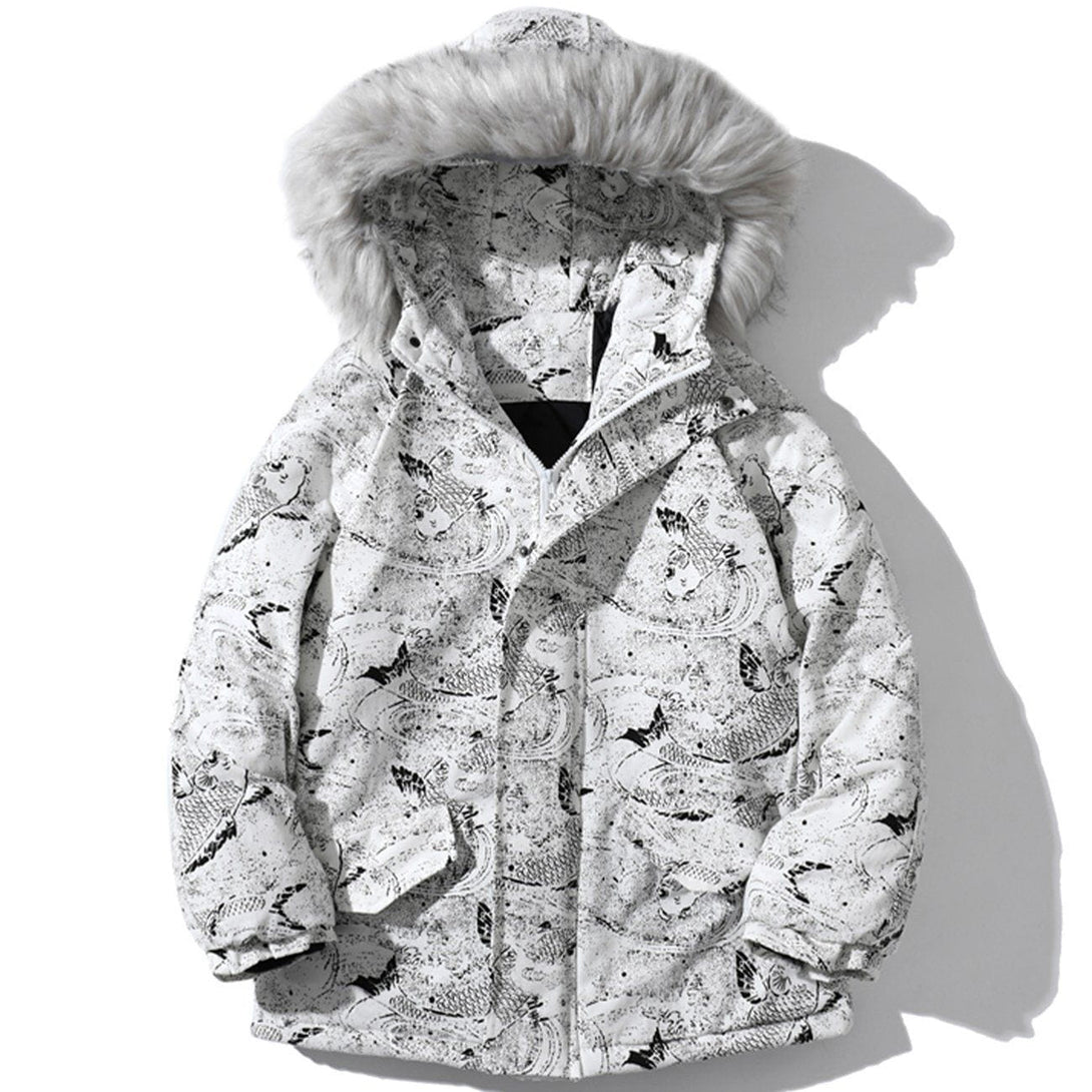 Lacezy - Carp Pattern Fur Collar Hooded Winter Coat- Streetwear Fashion - lacezy.com