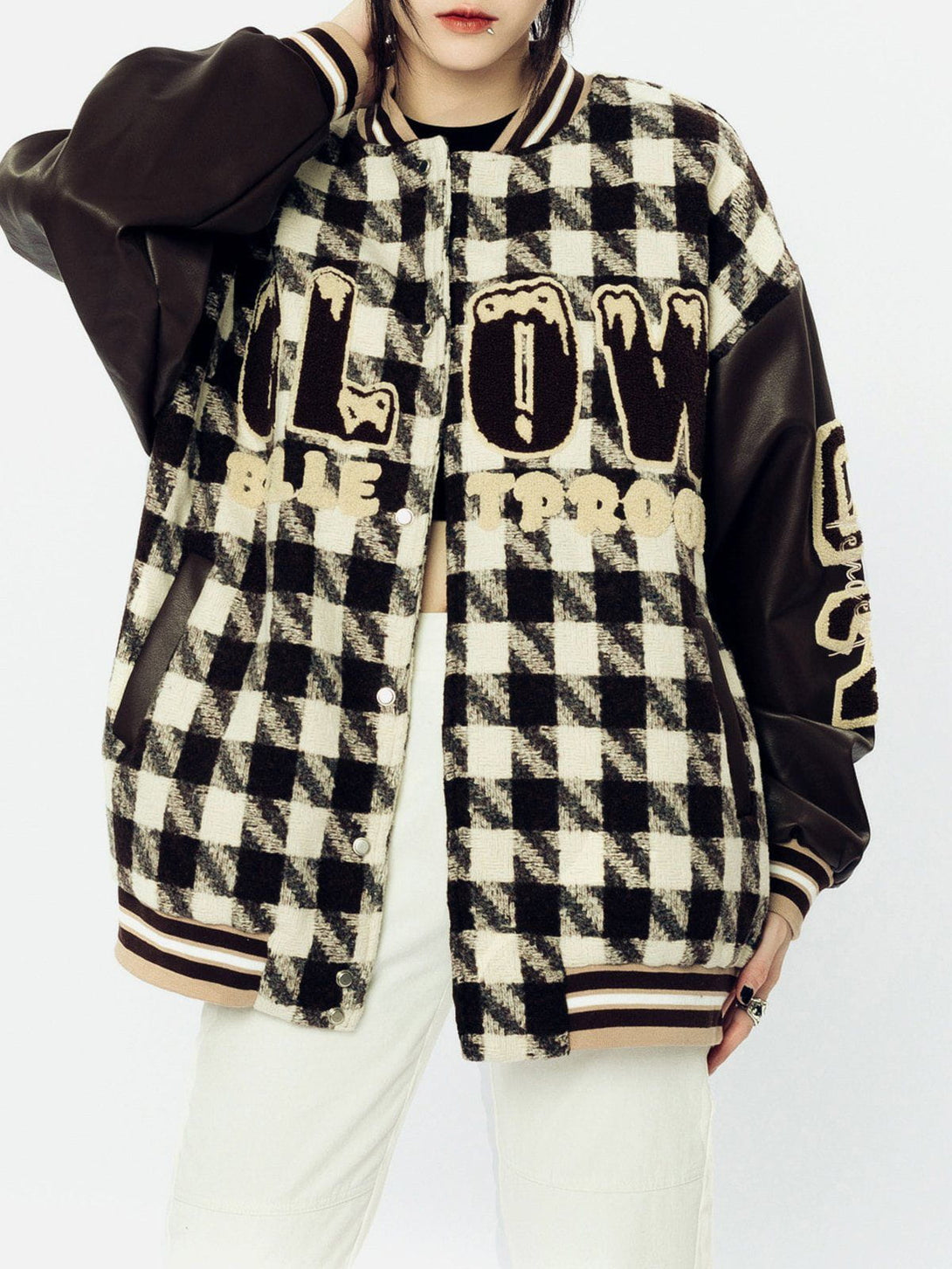 Lacezy - Check Flocked Letters Varsity Jacket- Streetwear Fashion - lacezy.com