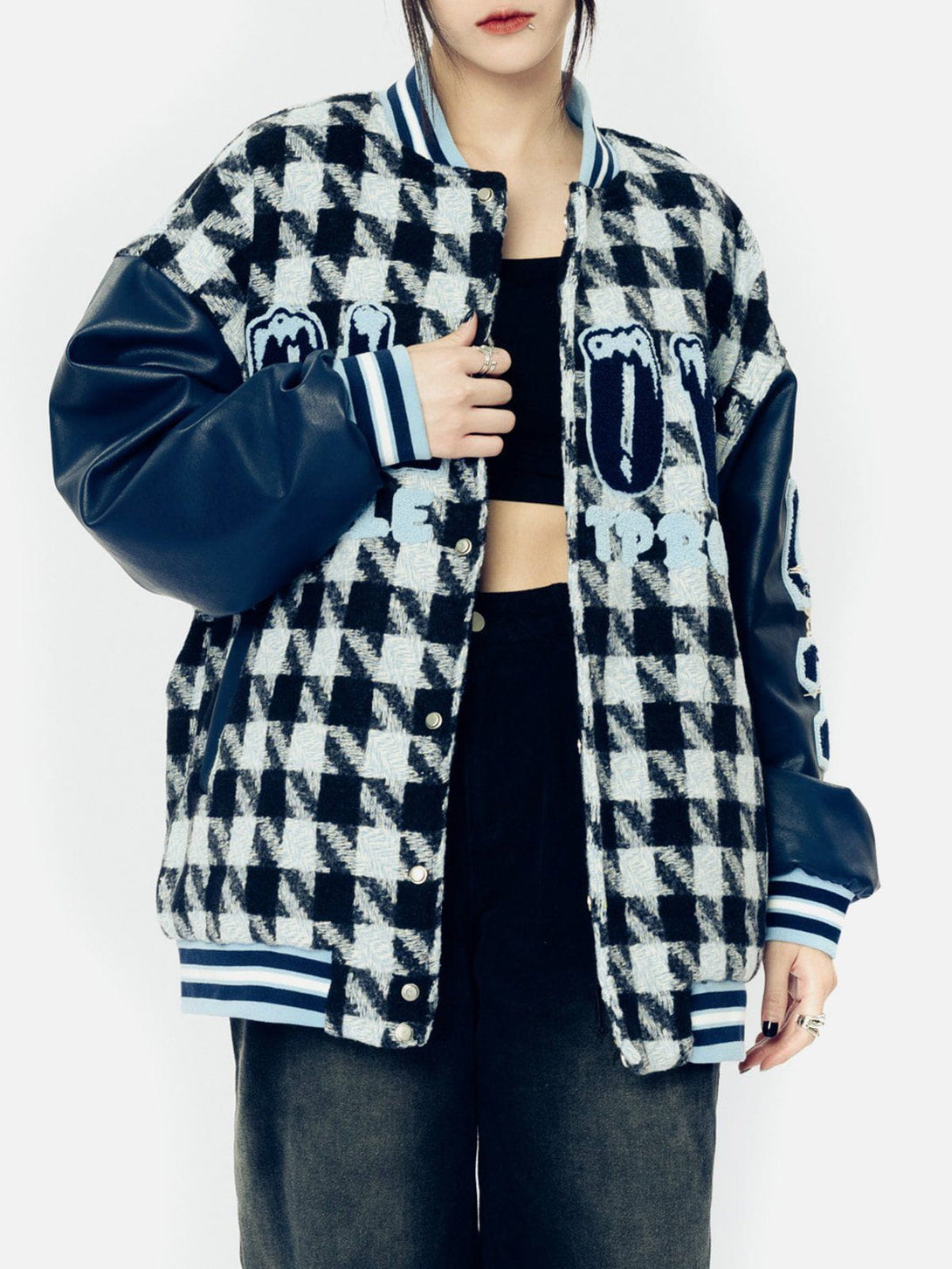 Lacezy - Check Flocked Letters Varsity Jacket- Streetwear Fashion - lacezy.com