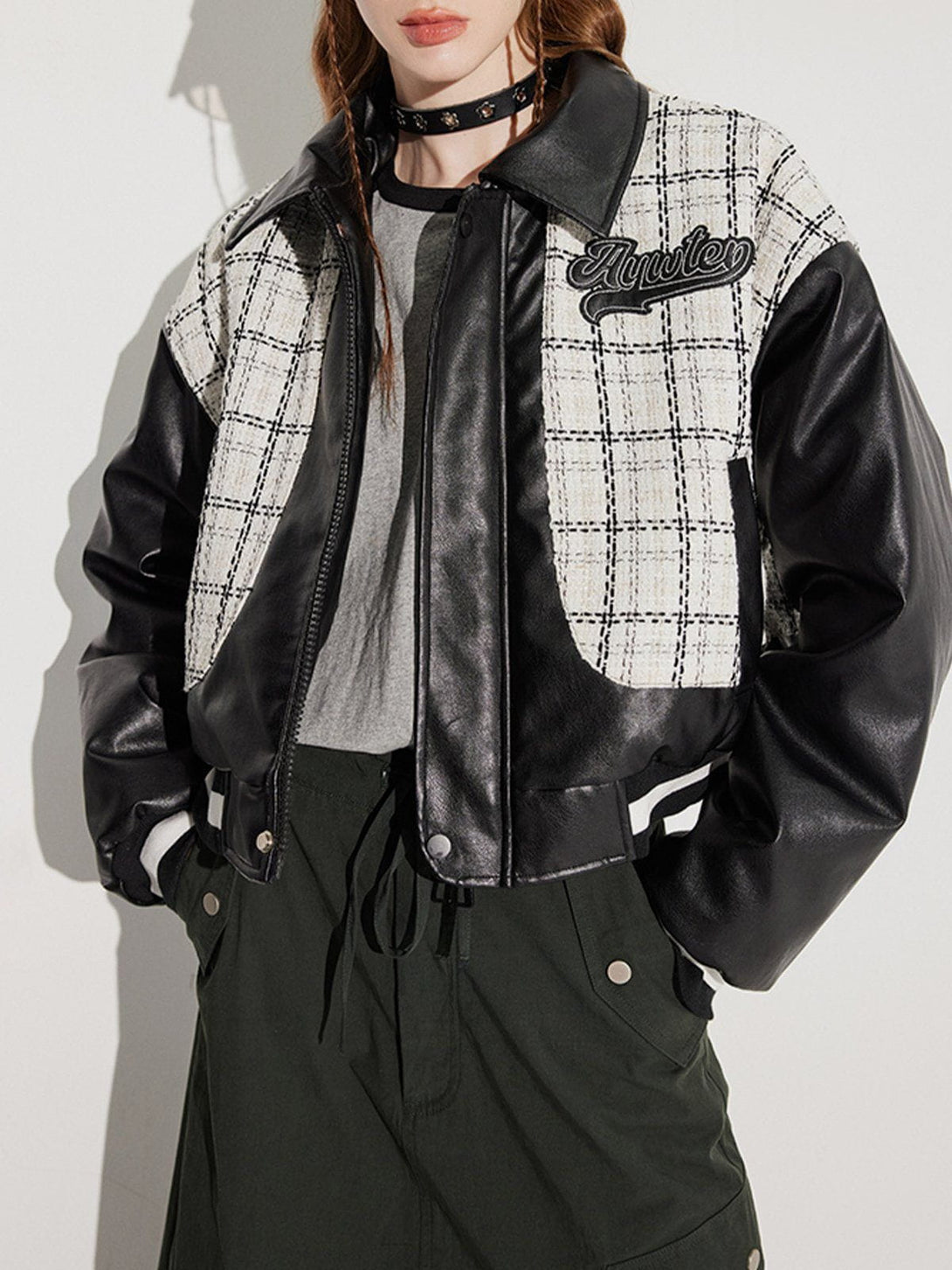 Lacezy - Check Patchwork PU Embroidery Winter Coat- Streetwear Fashion - lacezy.com