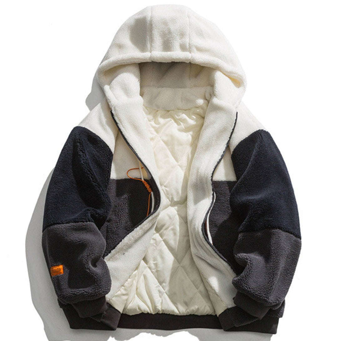 Lacezy - Color Block Patchwork Hooded Sherpa Winter Coat- Streetwear Fashion - lacezy.com