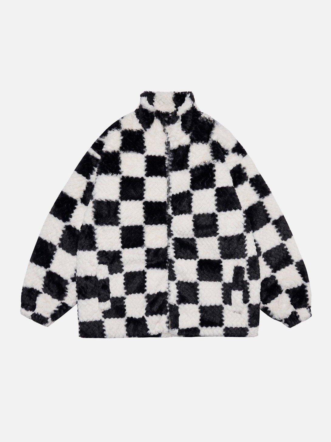 Lacezy - Contrast Checkerboard Sherpa Coat- Streetwear Fashion - lacezy.com