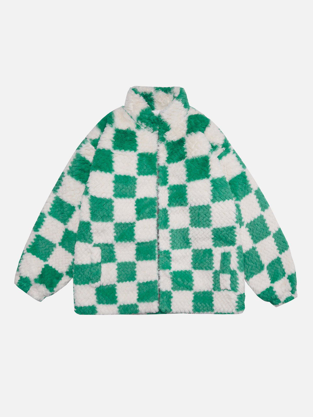 Lacezy - Contrast Checkerboard Sherpa Coat- Streetwear Fashion - lacezy.com