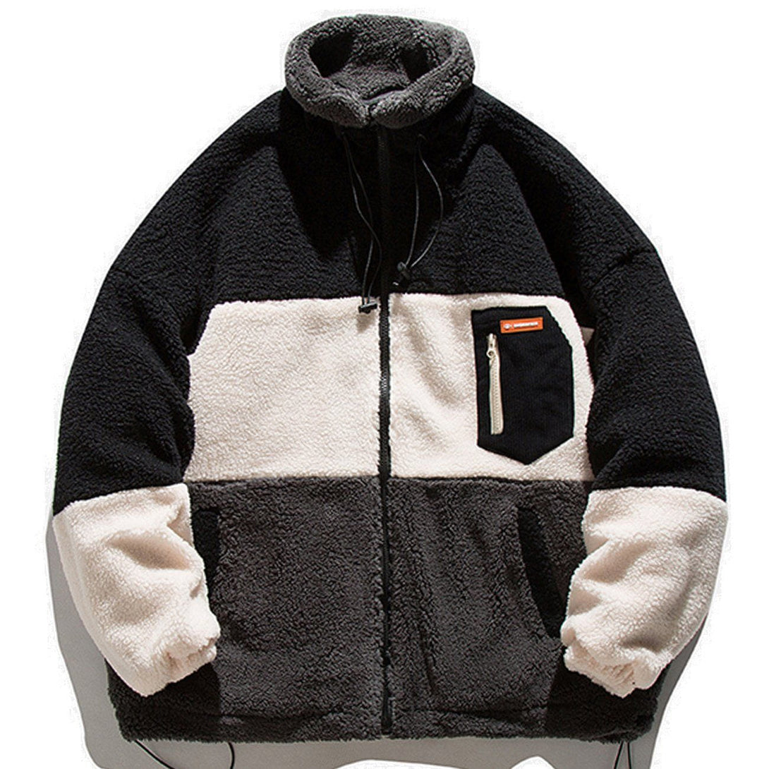 Lacezy - Contrast Stitching Pockets Sherpa Coat- Streetwear Fashion - lacezy.com