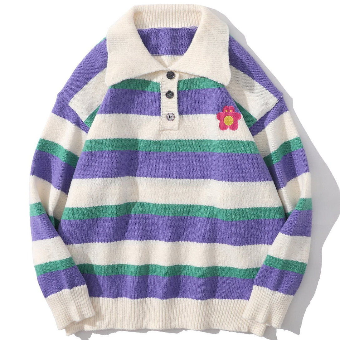 Lacezy - Contrast Striped Cartoon Embroidered Knited Sweater- Streetwear Fashion - lacezy.com