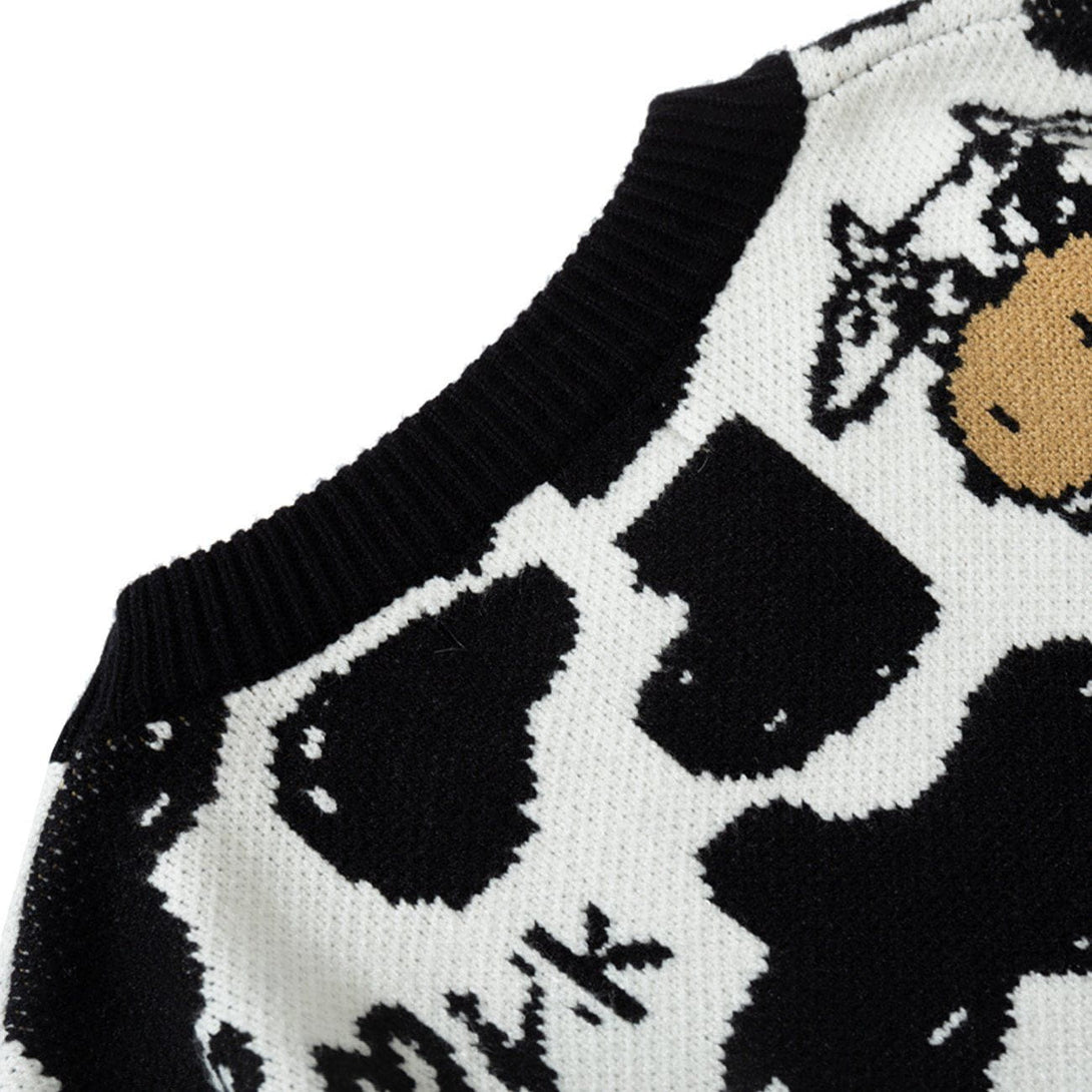 Lacezy - Cow Embroidered Knit Sweater- Streetwear Fashion - lacezy.com