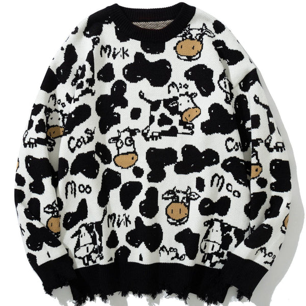 Lacezy - Cow Embroidered Knit Sweater- Streetwear Fashion - lacezy.com