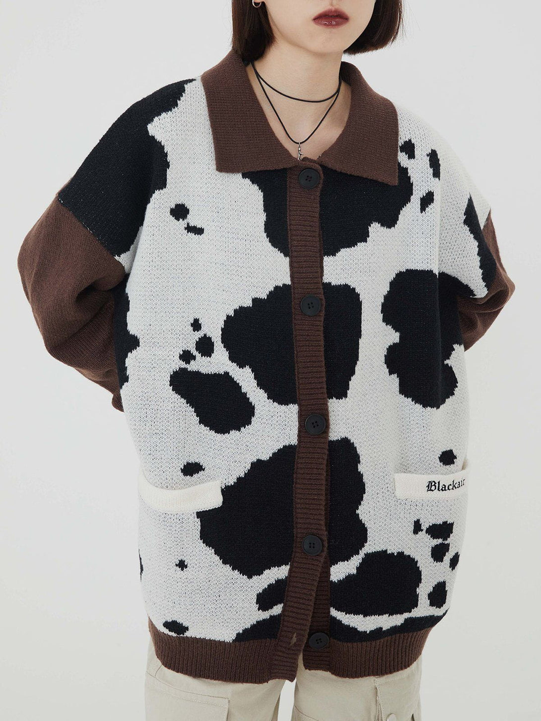 Lacezy - Cow Print Polo Collar Cardigan- Streetwear Fashion - lacezy.com