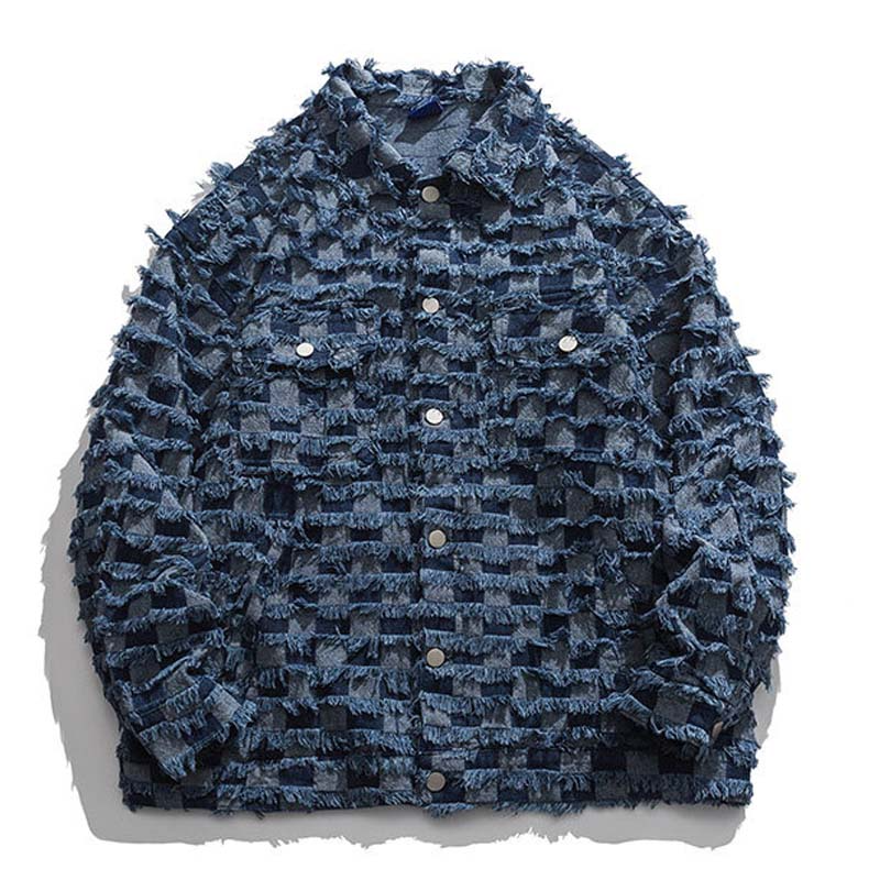 Lacezy - Denim Shearing Chessboard Tassel Craft Lapel Jacket- Streetwear Fashion - lacezy.com