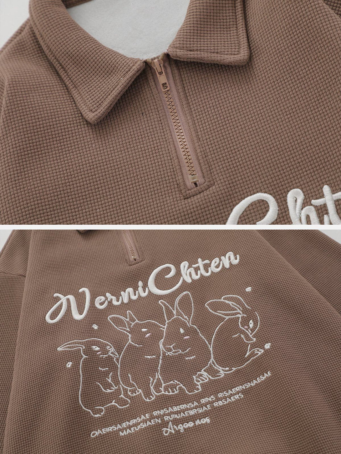 Lacezy - Embroidered Bunny Waffle Polo Sweatshirt- Streetwear Fashion - lacezy.com