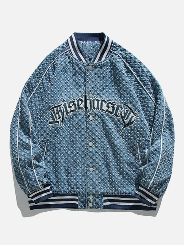 Lacezy - Embroidered Letters Washed Design Denim Jacket- Streetwear Fashion - lacezy.com