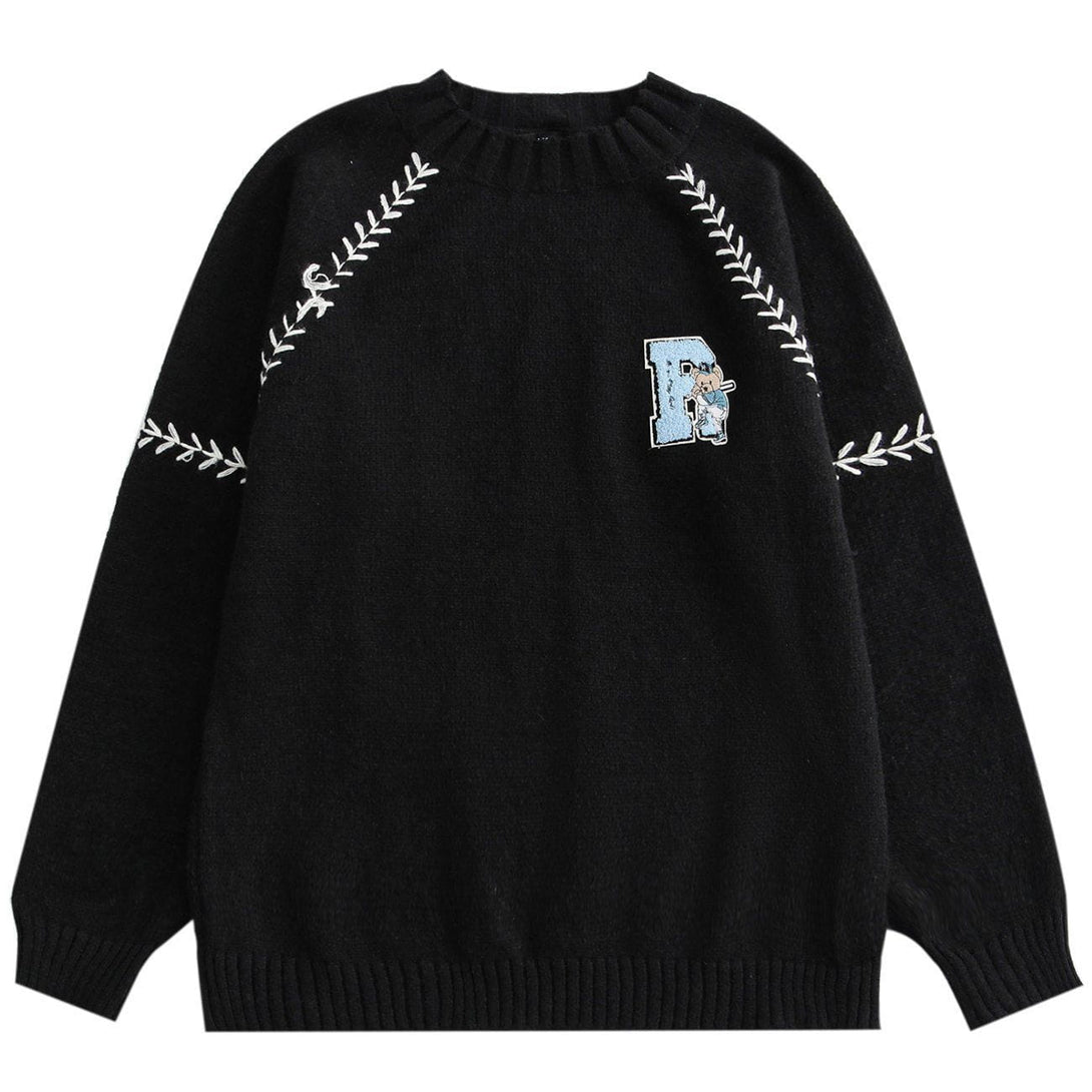 Lacezy - Embroidery Bear Knit Sweater- Streetwear Fashion - lacezy.com