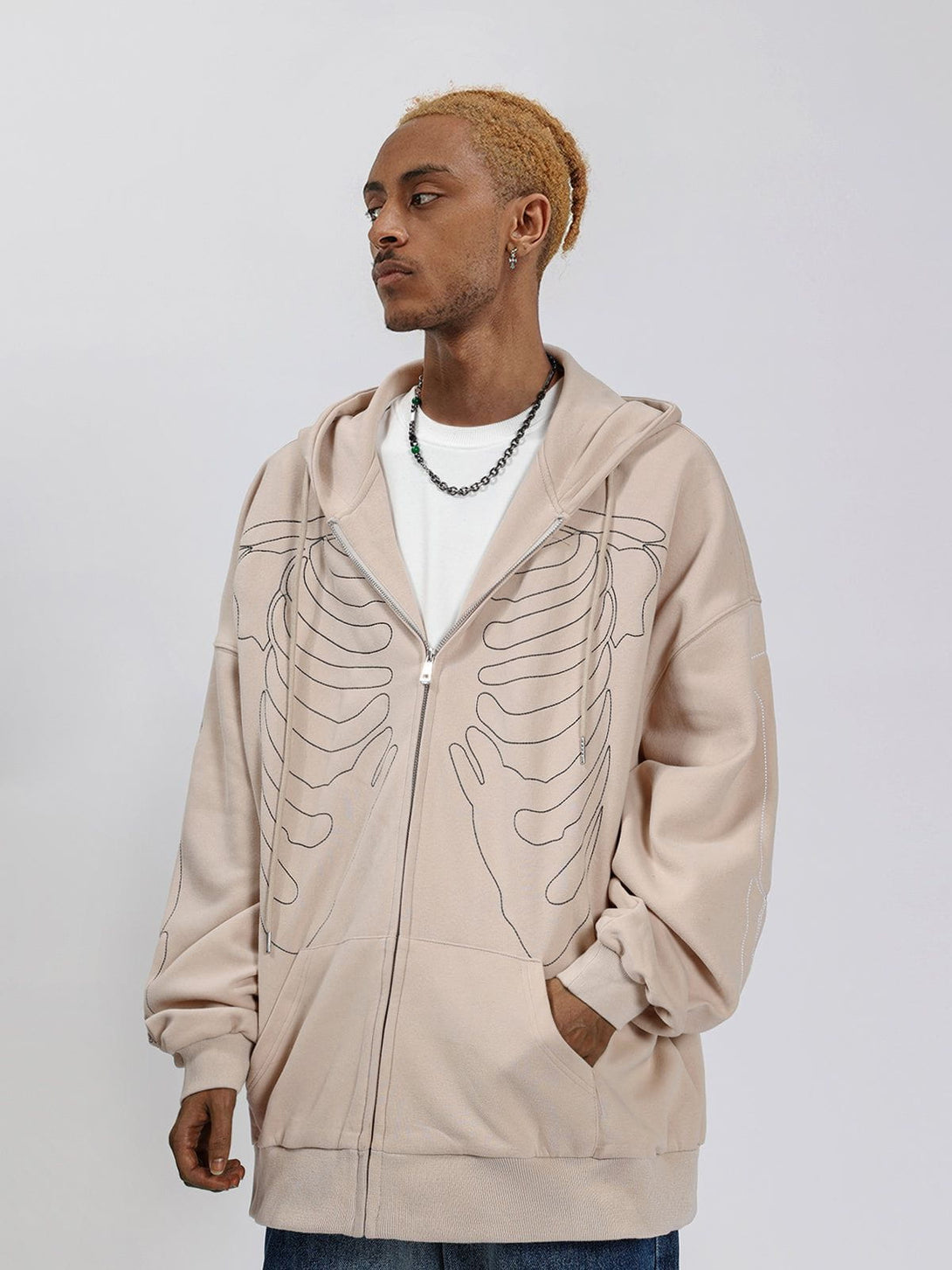 Lacezy - Embroidery Skeleton Zip Up Hoodie- Streetwear Fashion - lacezy.com