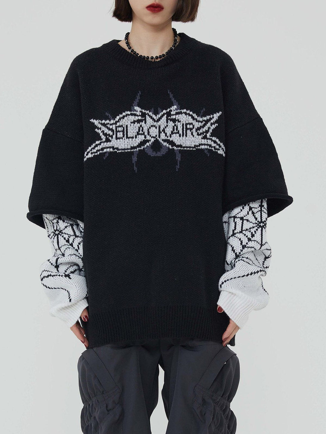 Lacezy - Fake Two Spider Web Jacquard Sweater- Streetwear Fashion - lacezy.com