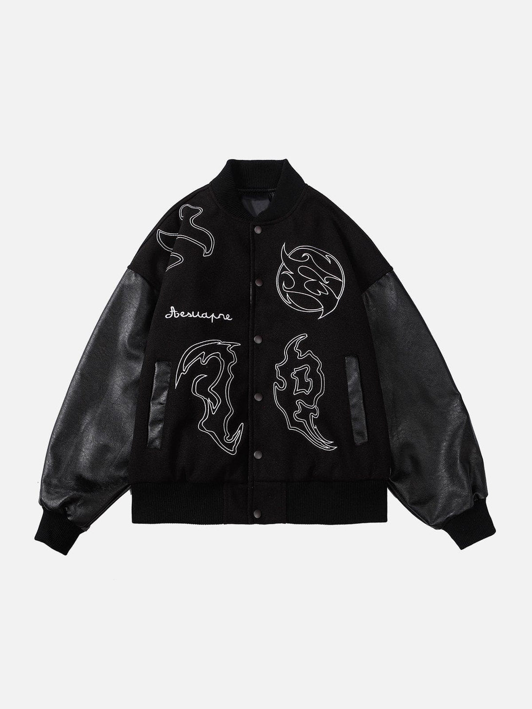 Lacezy - Flame Embroidery Patchwork PU Jacket- Streetwear Fashion - lacezy.com