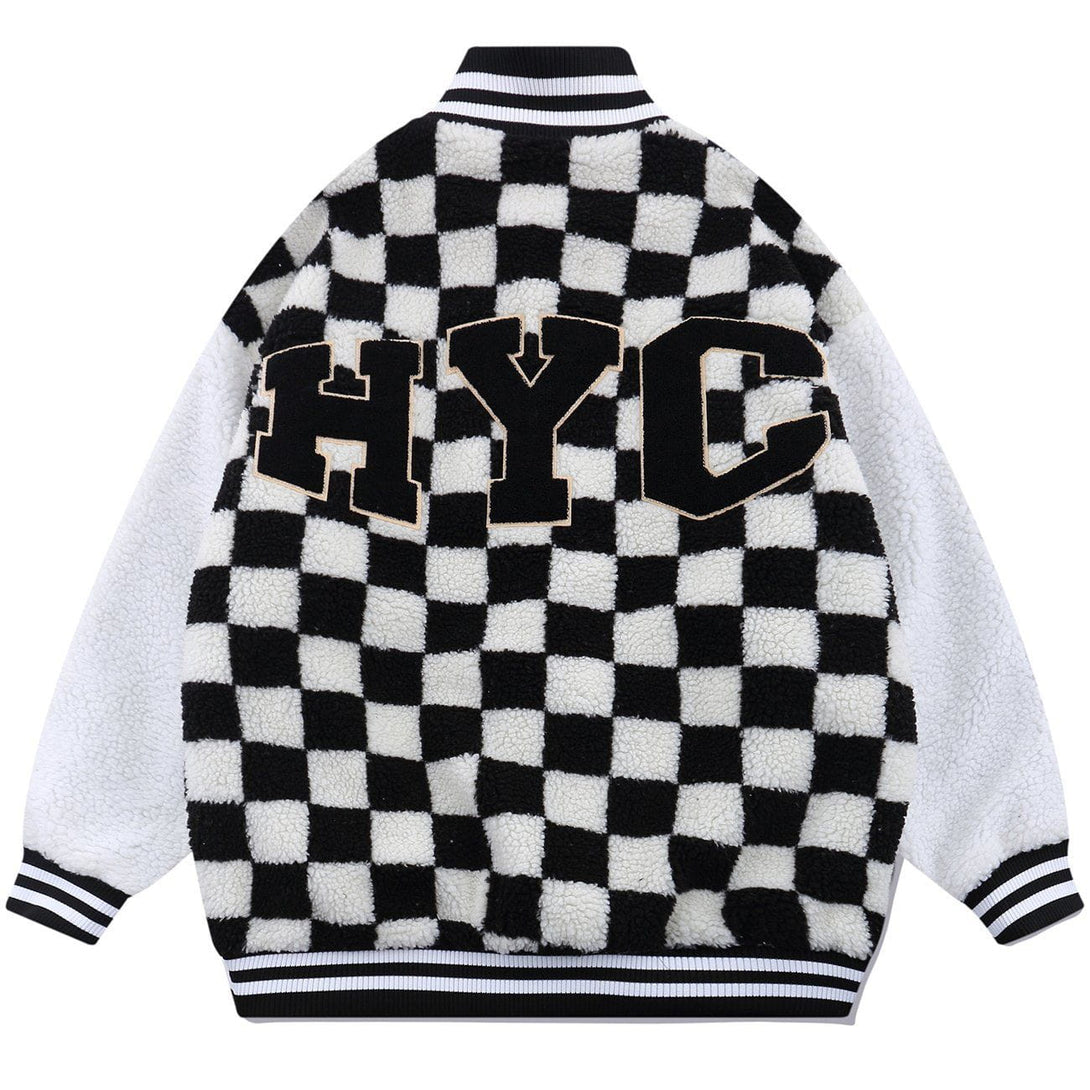 Lacezy - Flocking Letters Checkerboard Sherpa Winter Coat- Streetwear Fashion - lacezy.com