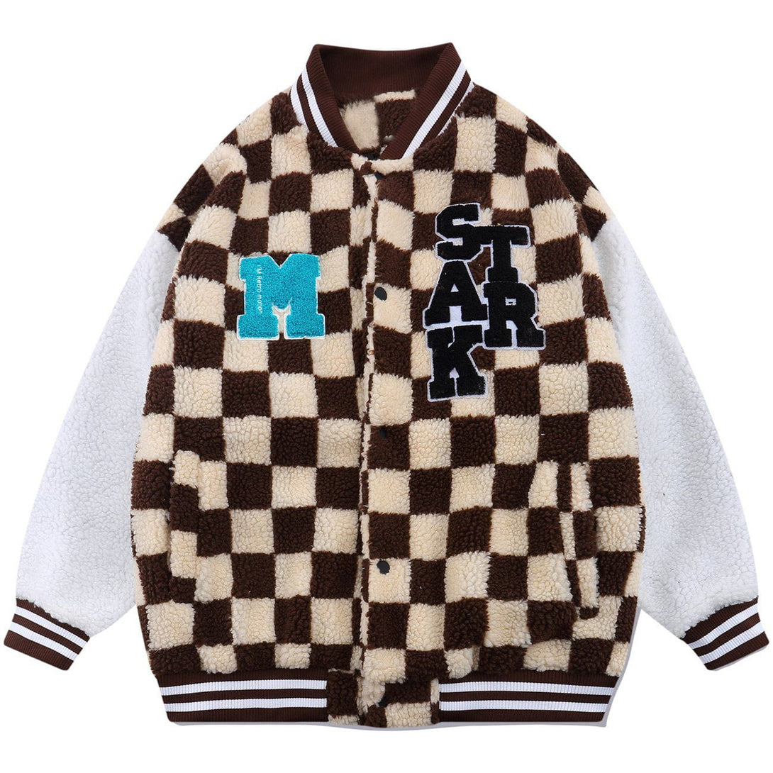 Lacezy - Flocking Letters Checkerboard Sherpa Winter Coat- Streetwear Fashion - lacezy.com