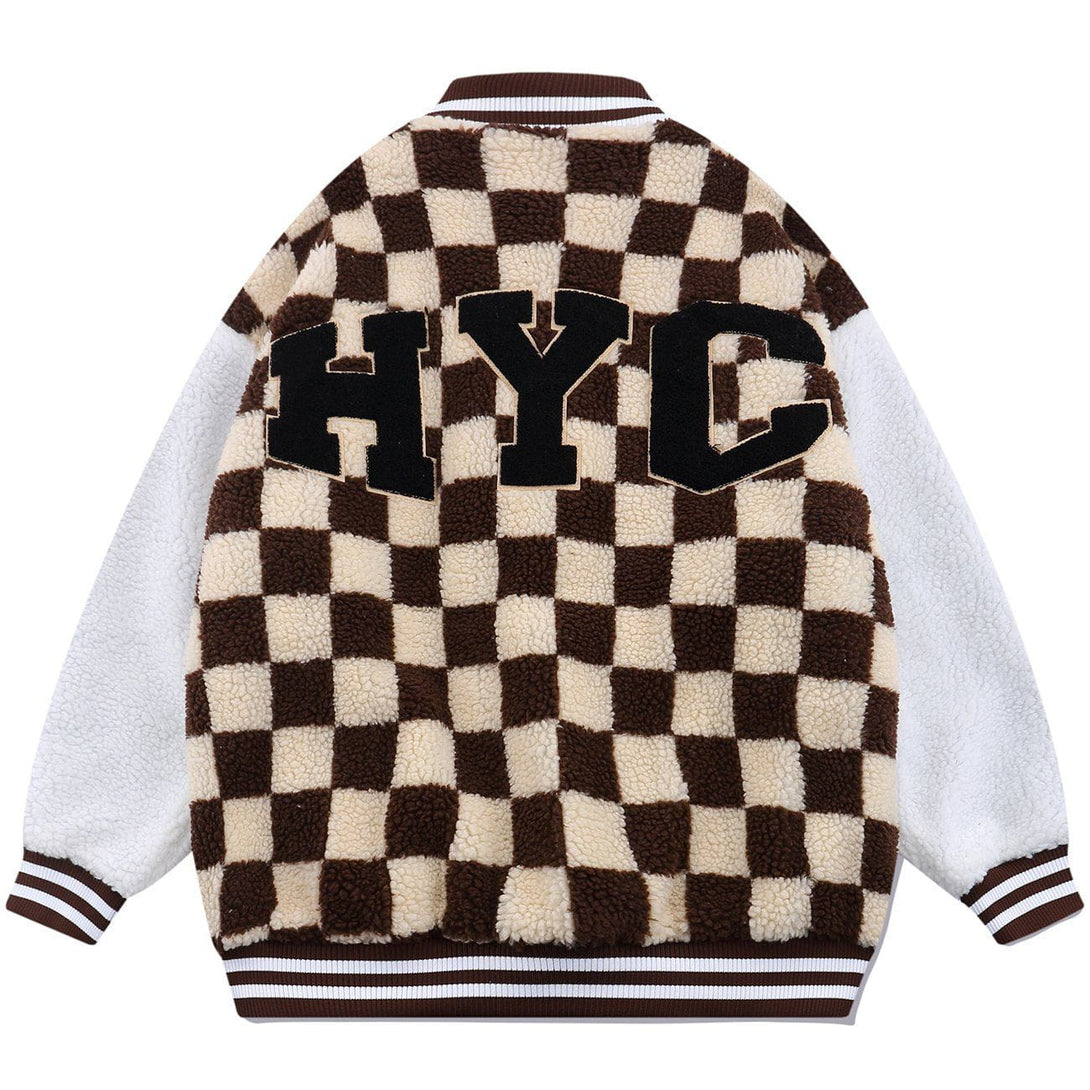 Lacezy - Flocking Letters Checkerboard Sherpa Winter Coat- Streetwear Fashion - lacezy.com