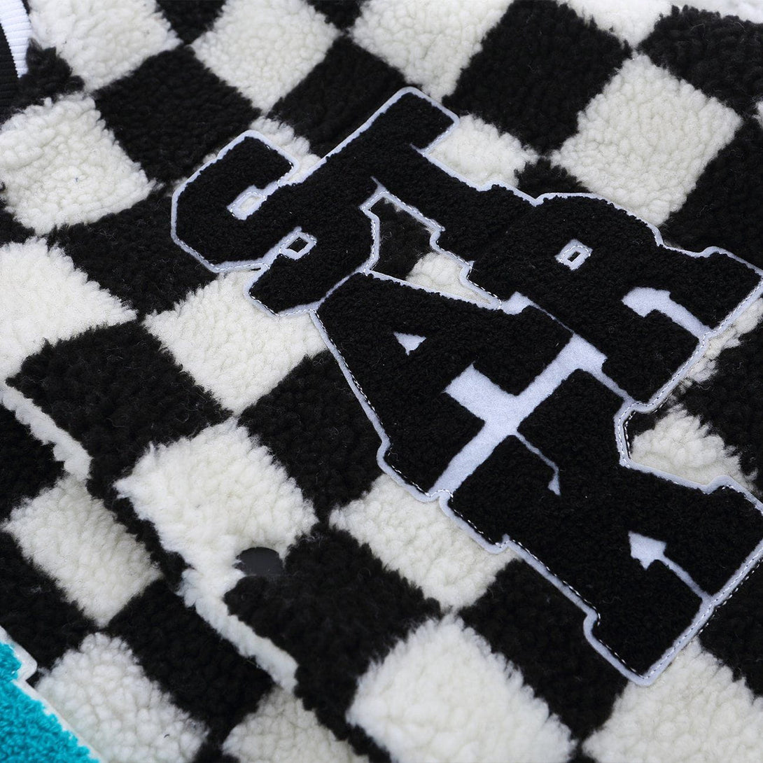 Lacezy - Flocking Letters Checkerboard Sherpa Winter Coat- Streetwear Fashion - lacezy.com