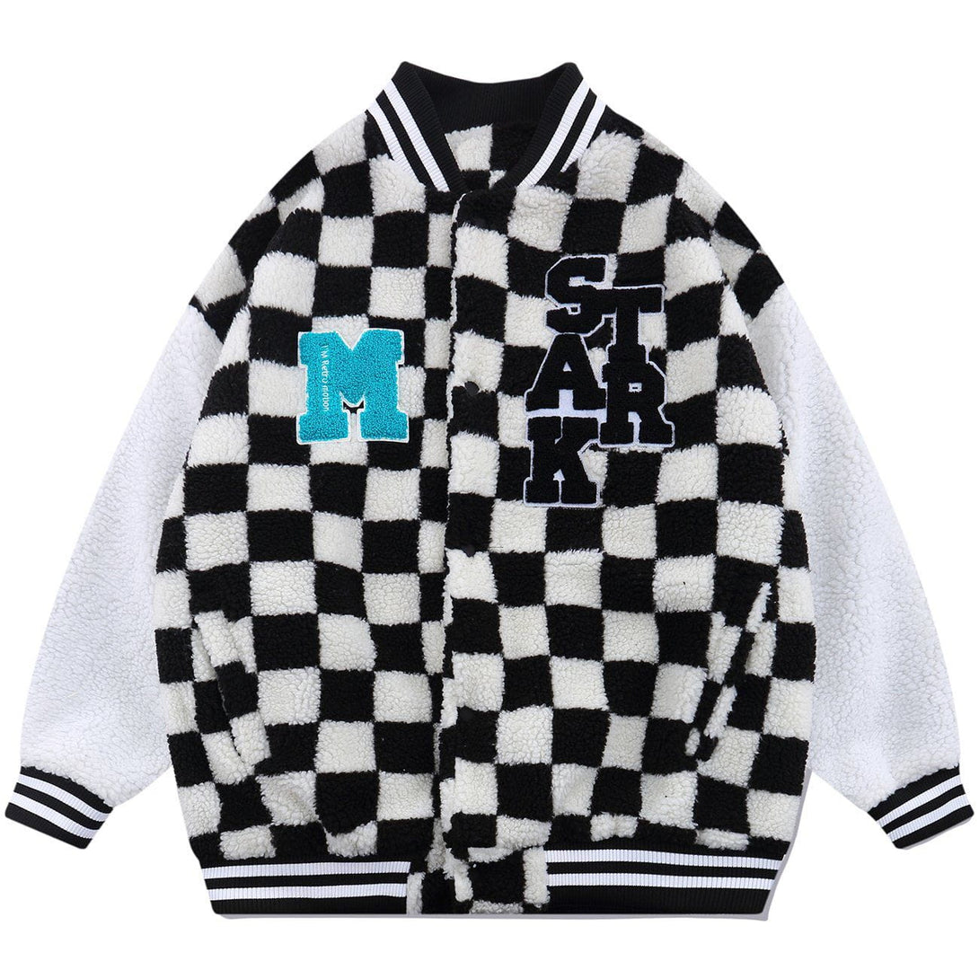 Lacezy - Flocking Letters Checkerboard Sherpa Winter Coat- Streetwear Fashion - lacezy.com