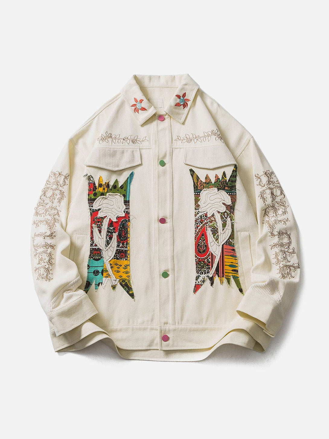 Lacezy - Flower Patchwork Embroidery Denim Jacket- Streetwear Fashion - lacezy.com