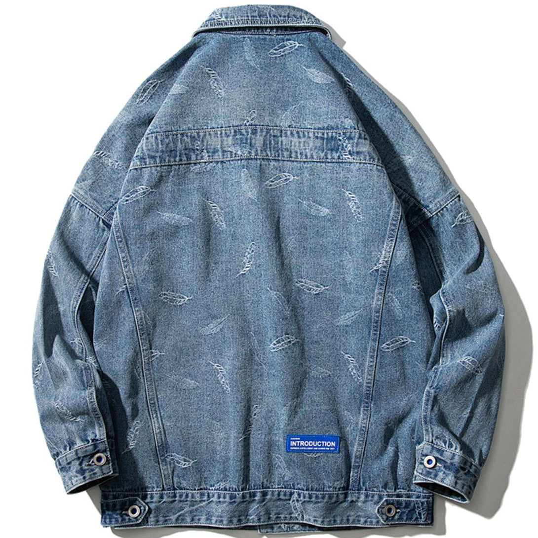 Lacezy - Full Leaf Print Denim Jacket- Streetwear Fashion - lacezy.com