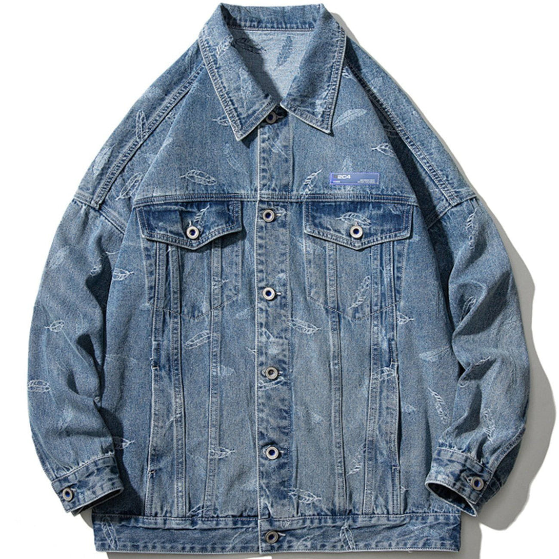 Lacezy - Full Leaf Print Denim Jacket- Streetwear Fashion - lacezy.com