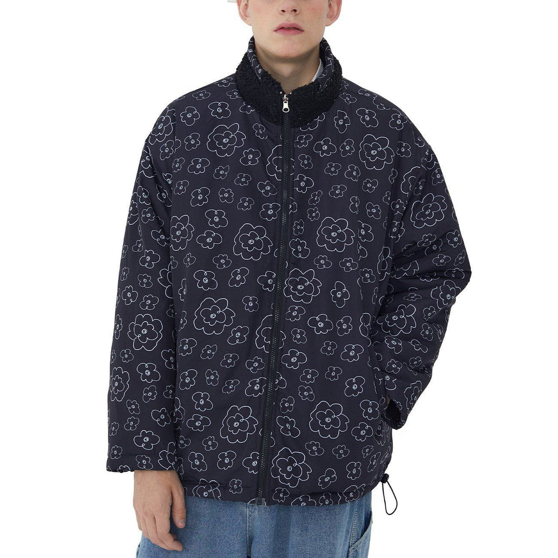 Lacezy - Full Print Small Flowers Reversible Sherpa Winter Coat- Streetwear Fashion - lacezy.com