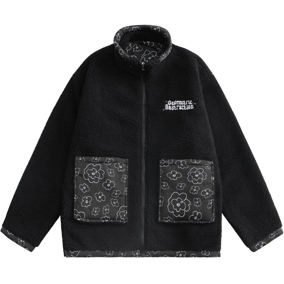 Lacezy - Full Print Small Flowers Reversible Sherpa Winter Coat- Streetwear Fashion - lacezy.com