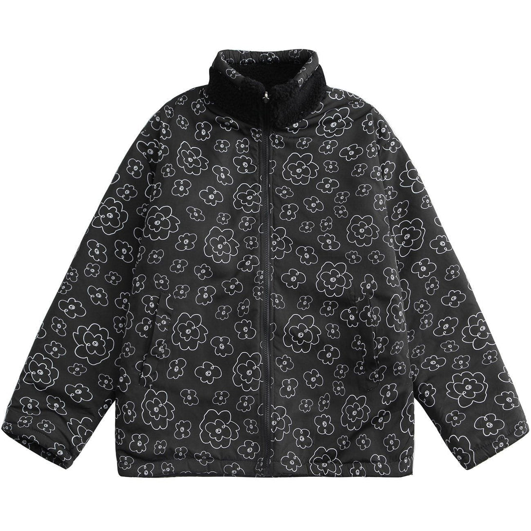 Lacezy - Full Print Small Flowers Reversible Sherpa Winter Coat- Streetwear Fashion - lacezy.com