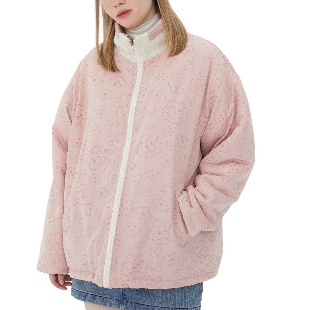 Lacezy - Full Print Small Flowers Reversible Sherpa Winter Coat- Streetwear Fashion - lacezy.com