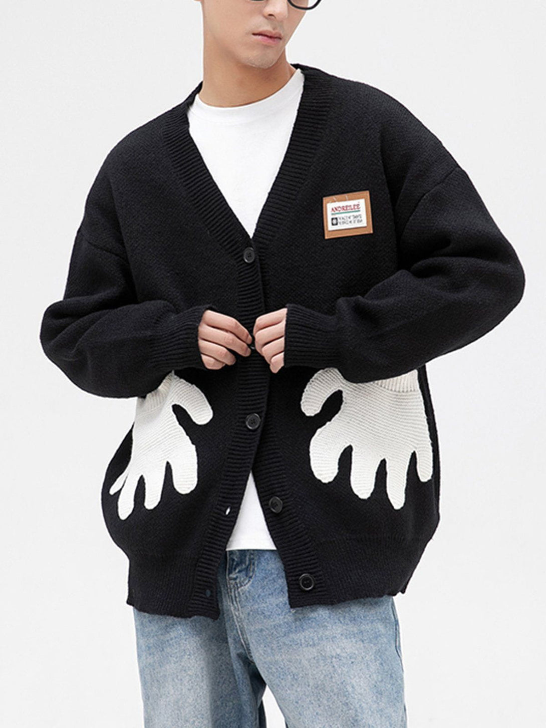 Lacezy - Hand Shape Pocket Patchwork Cardigan- Streetwear Fashion - lacezy.com